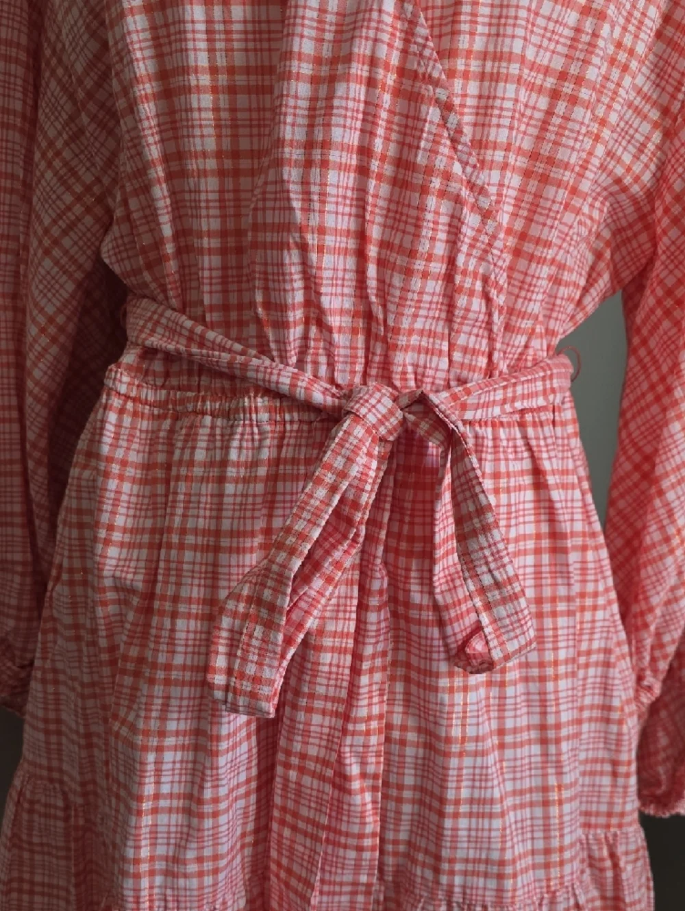 Michael Kors Coral Pink Plaid V-Neck Tie-Waist Mini Dress Size Large NWOT